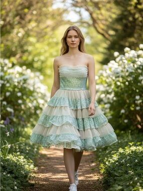 Vintage Betsey Johnson Strapless Sparkly Light Blue - White Princess Dress- 10